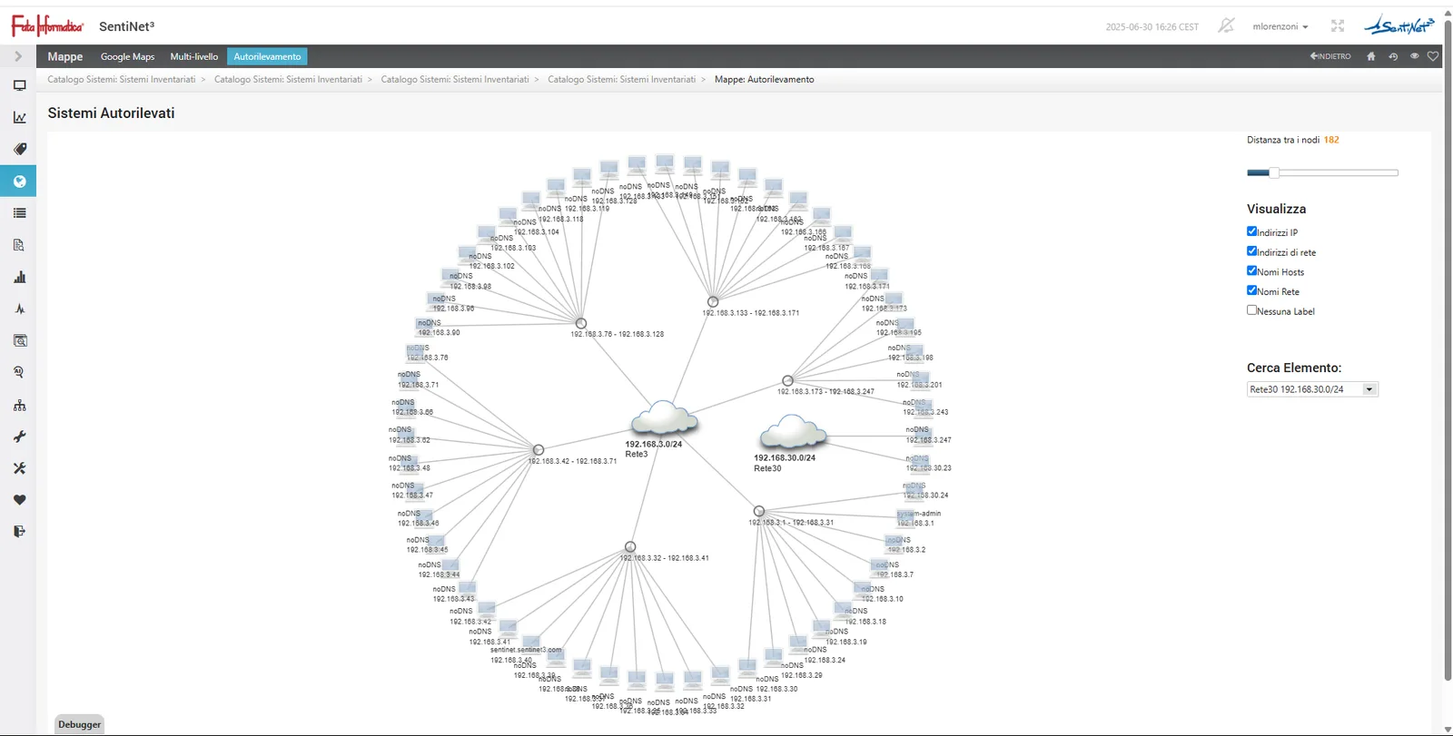 Autodiscovery: detected devices arranged radially around the network node