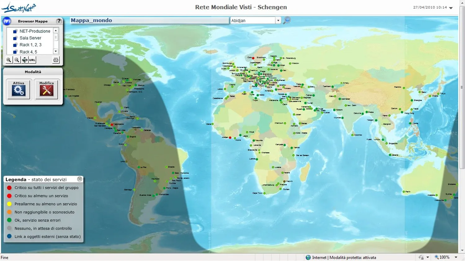 World map of the Worldwide Visa Network (Schengen) in Sentinet³, with the sites and the status legend