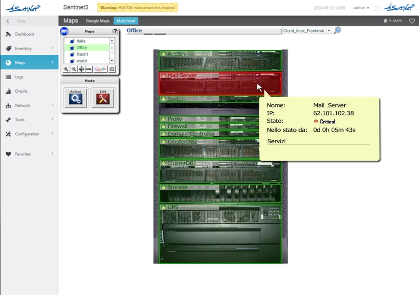 Rack map with the state of the individual devices and the detail of a server