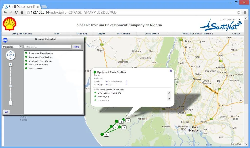 Georeferenced map of remote industrial plants with the state of the stations