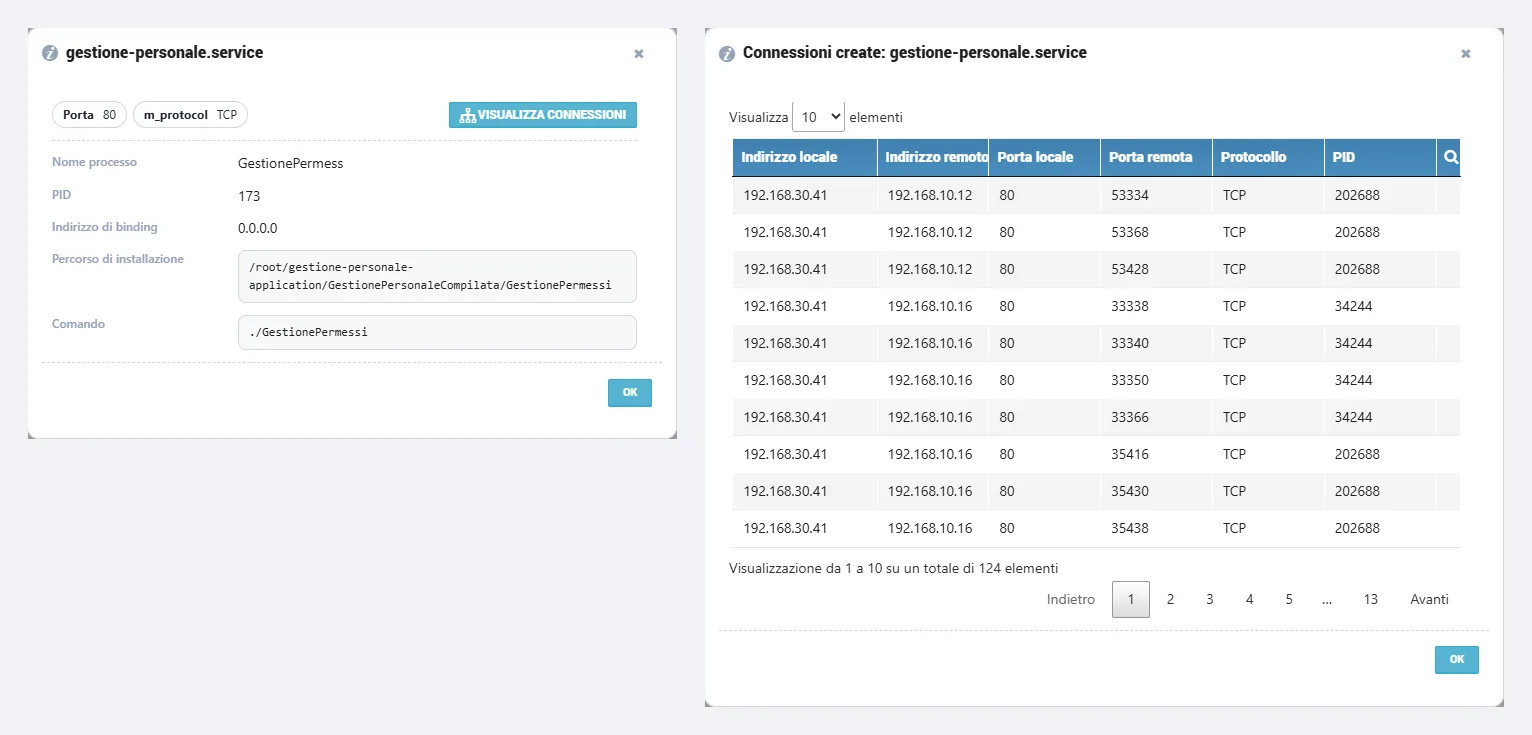 Details of the exposed process and table of connections to the service